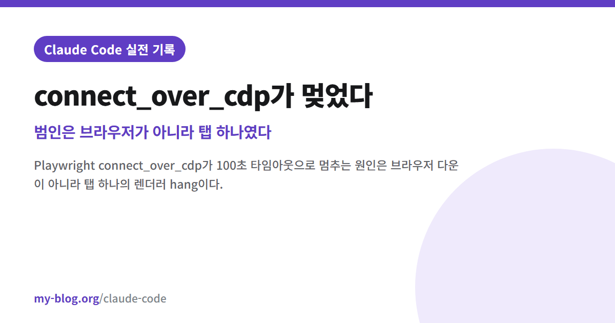 connect_over_cdp가 멎었다 — 범인은 브라우저가 아니라 탭 하나였다 — Claude Code 실전 기록 대표 이미지