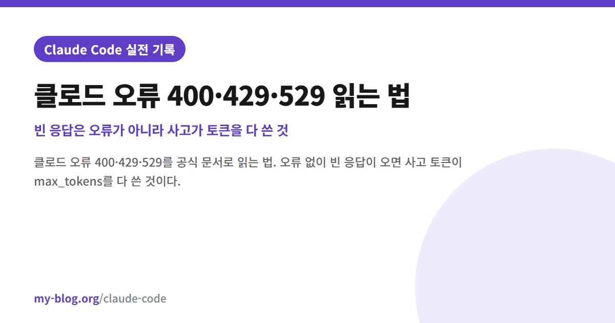 클로드 오류 400·429·529 읽는 법 — 빈 응답은 오류가 아니라 사고가 토큰을 다 쓴 것 — Claude Code 실전 기록 대표 이미지