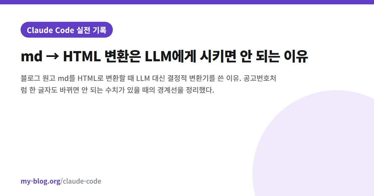 md → HTML 변환은 LLM에게 시키면 안 되는 이유 — Claude Code 실전 기록 대표 이미지