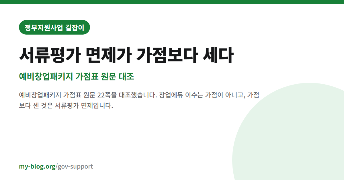서류평가 면제가 가점보다 세다 — 예비창업패키지 가점표 원문 대조 — 정부지원사업 길잡이 대표 이미지