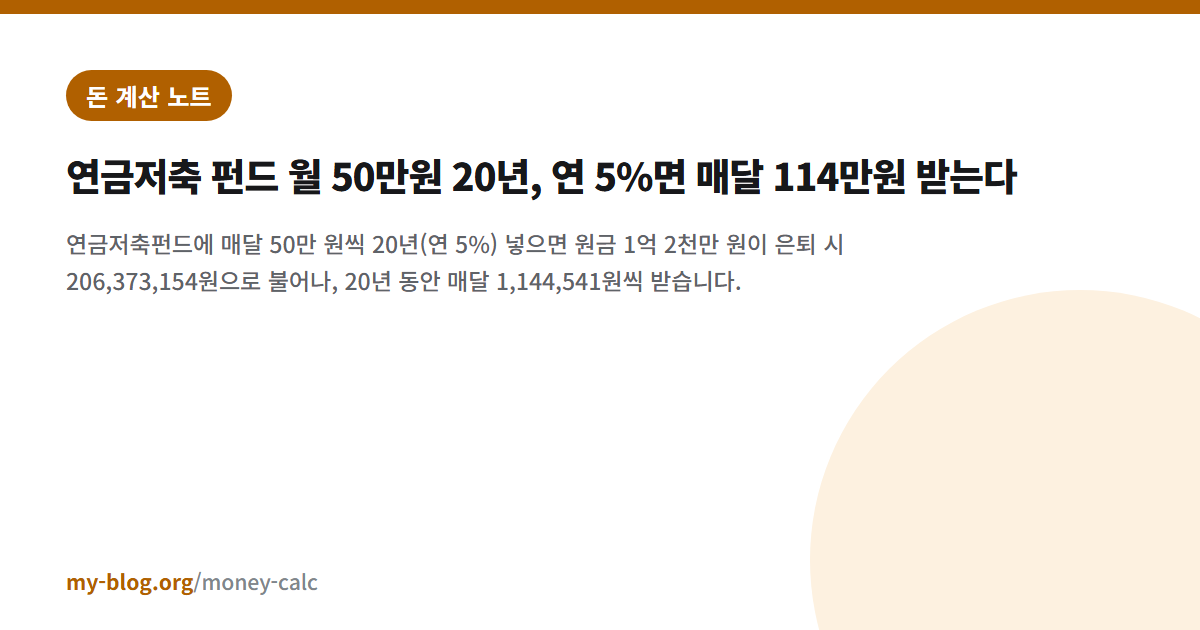 연금저축 펀드 월 50만원 20년, 연 5%면 매달 114만원 받는다 — 돈 계산 노트 대표 이미지