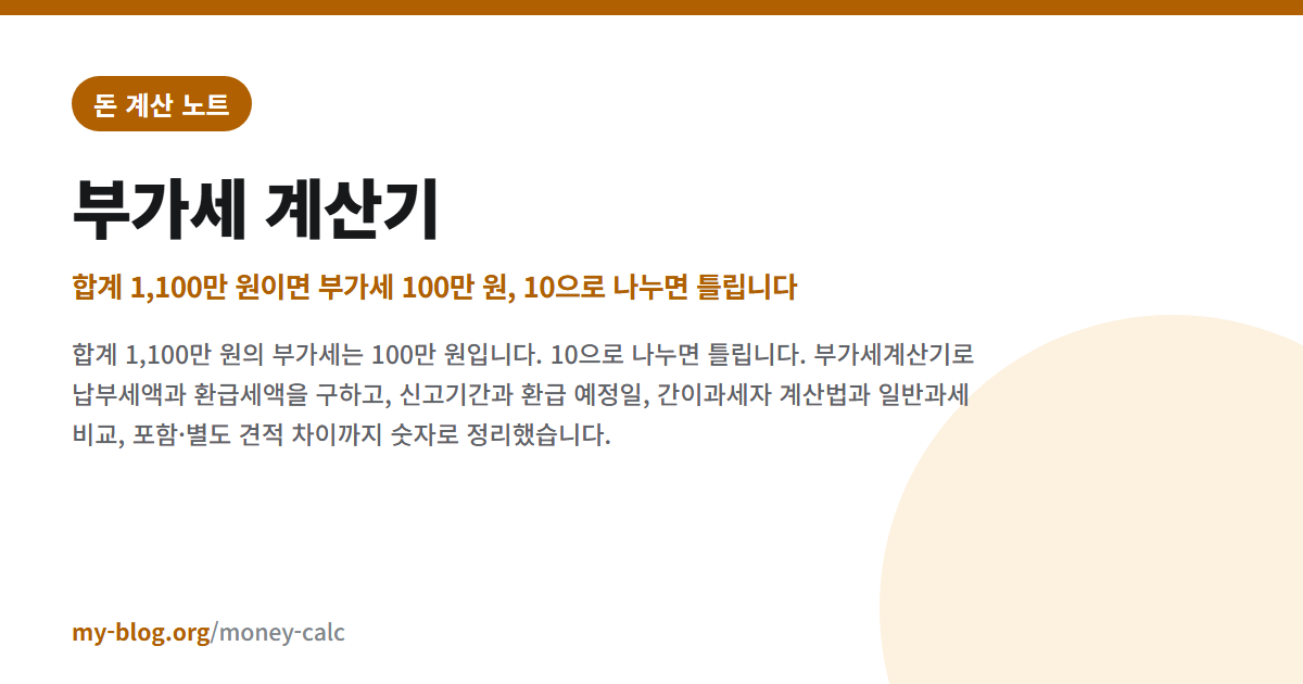 부가세 계산기 — 합계 1,100만 원이면 부가세 100만 원, 10으로 나누면 틀립니다 — 돈 계산 노트 대표 이미지