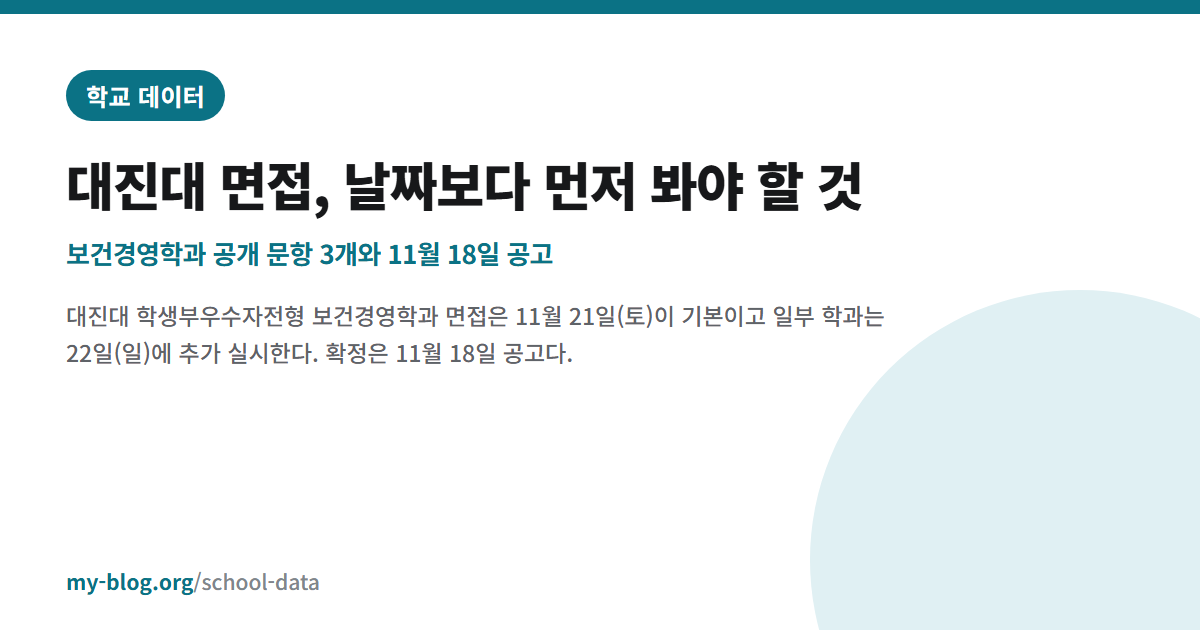대진대 면접, 날짜보다 먼저 봐야 할 것 — 보건경영학과 공개 문항 3개와 11월 18일 공고 — 학교 데이터 대표 이미지