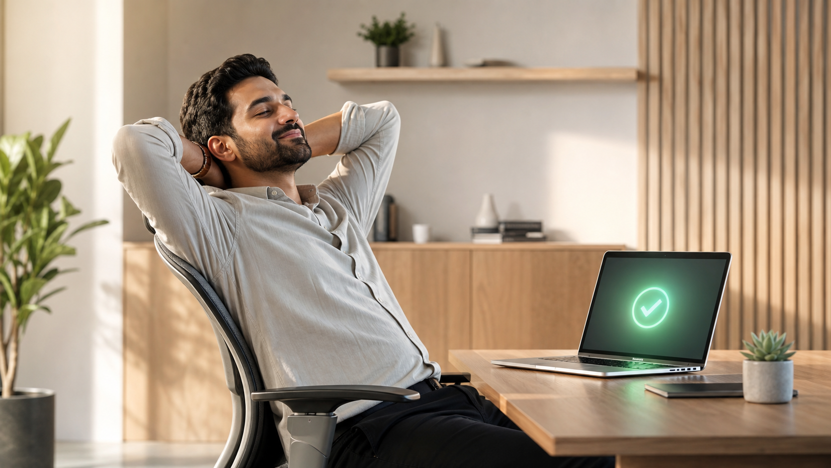 professional calmly reviewing a completed task on a laptop at a tidy modern desk, natural light, satisfied expression, 4K cinematic