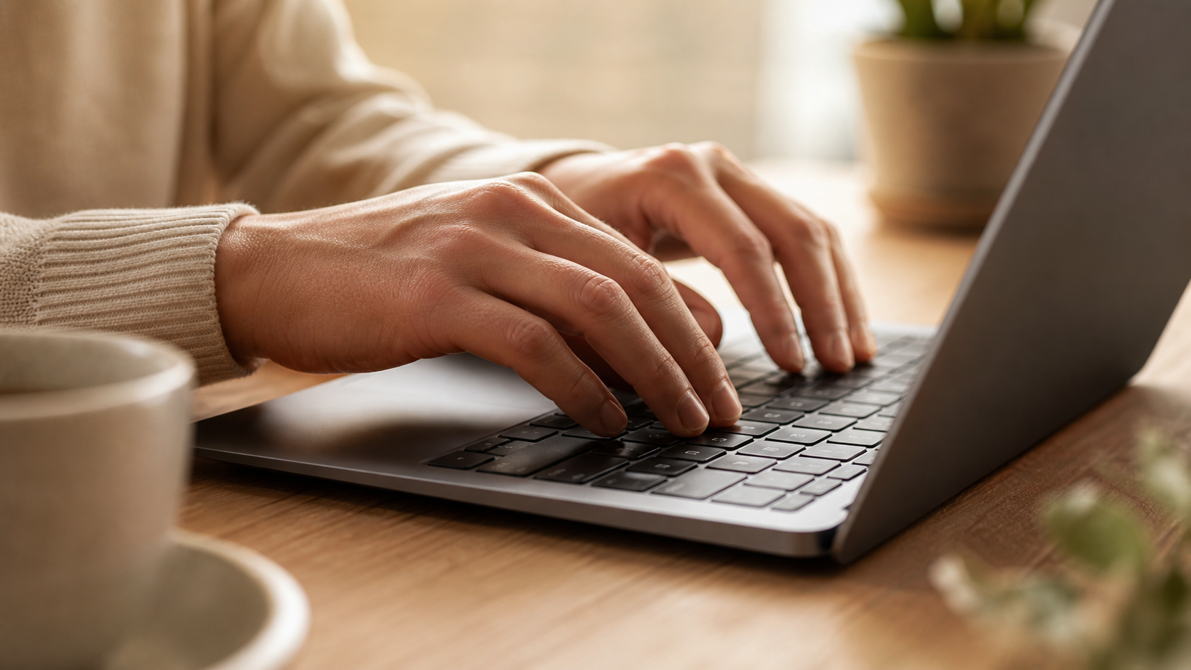 close-up of hands typing on a laptop keyboard, warm diffused natural light, shallow depth of field