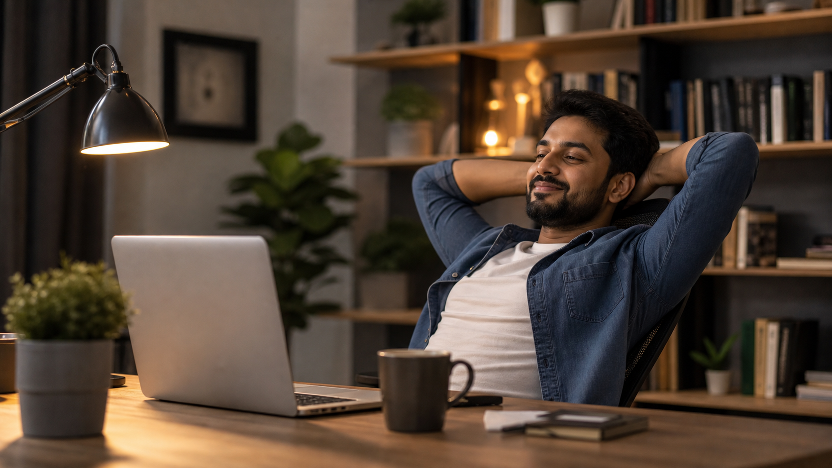satisfied blogger reviewing a finished post on a laptop at a clean home office desk