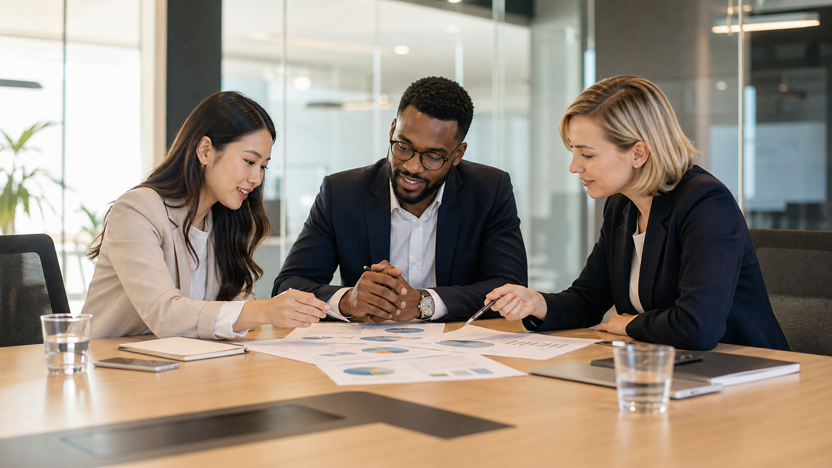business team in a conference room reviewing a printed project proposal together, collaborative discussion