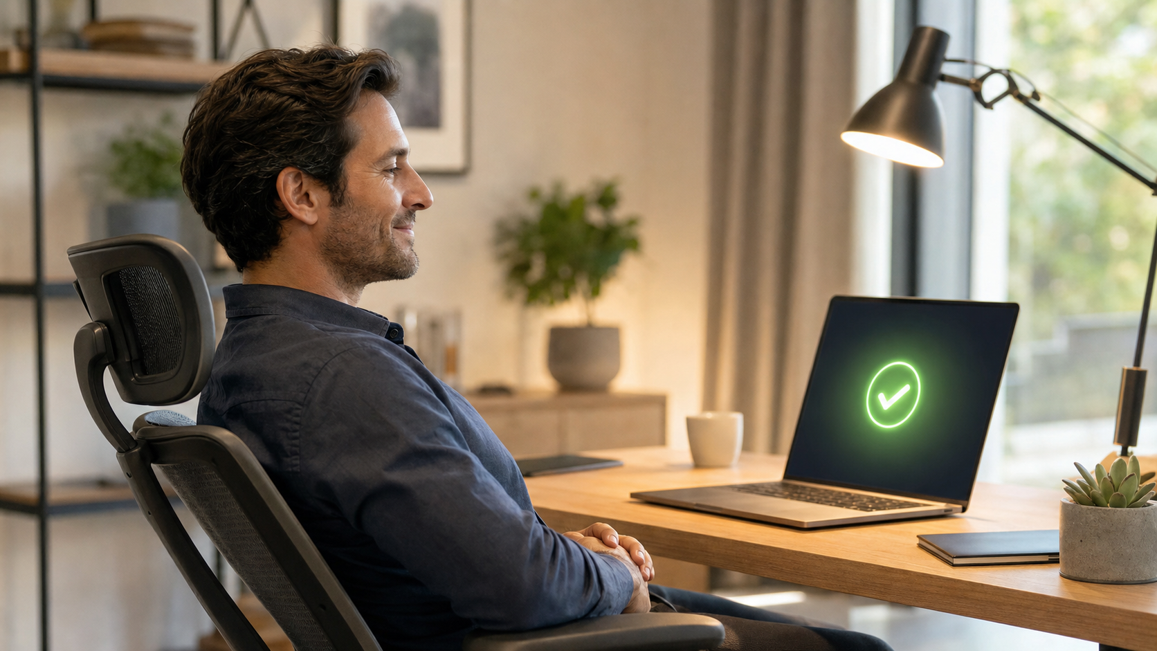 professional reviewing AI agent output on a laptop at a tidy desk, calm focused expression, warm afternoon light, 4K cinematic