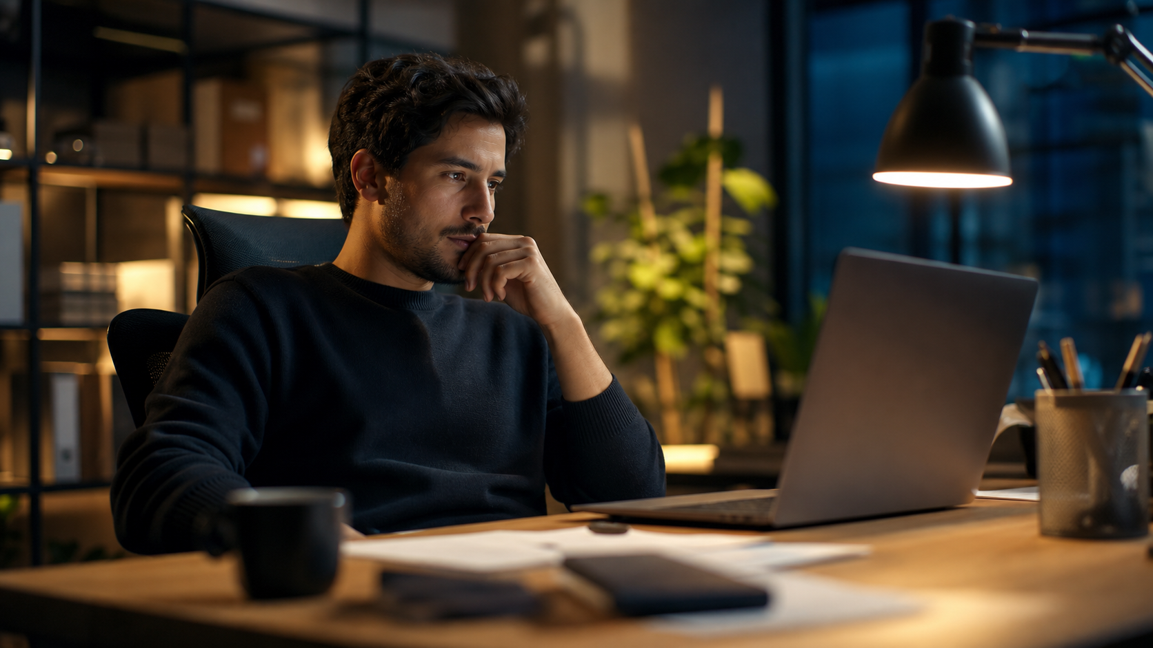 developer reviewing code on a laptop screen, thoughtful expression, clean desk environment, evening light
