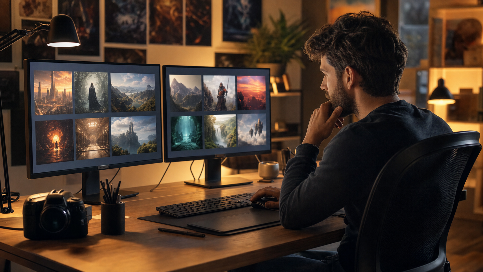 creative professional reviewing AI-generated image outputs on dual monitors in a design studio, professional workflow
