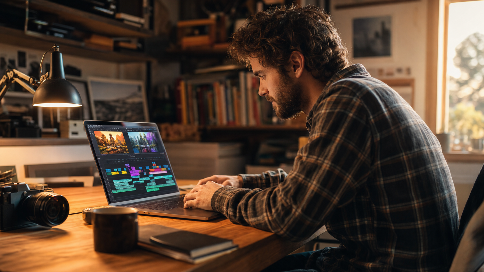 creator reviewing AI-generated video on a laptop screen in warm ambient light, post-production workflow, modern creative workspace