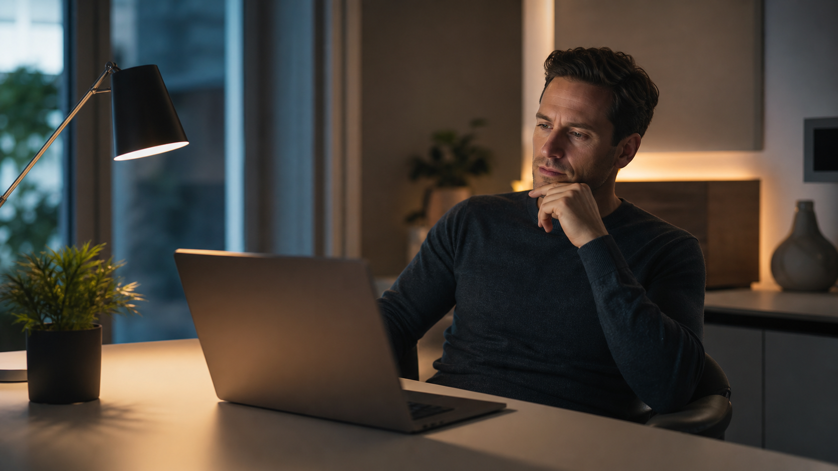 professional reviewing written content on a laptop at a desk, thoughtful expression, calm natural light