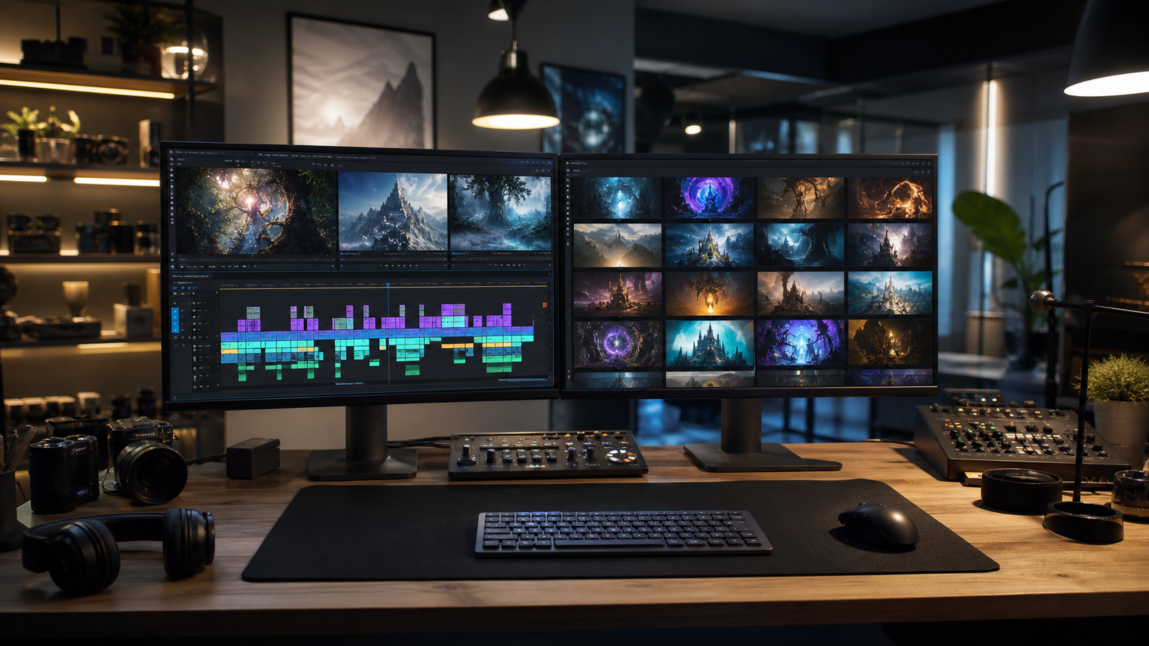 creative video editing workspace with multiple screens showing AI-generated video timelines, professional studio environment