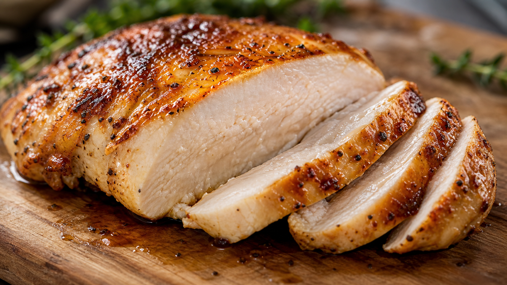 juicy roasted chicken breast sliced to show moist interior on a wooden board, warm appetizing food photography