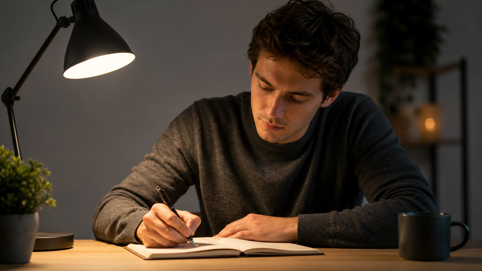 person writing notes thoughtfully at a desk, pen and notebook, focused reasoning, warm light, 4K cinematic