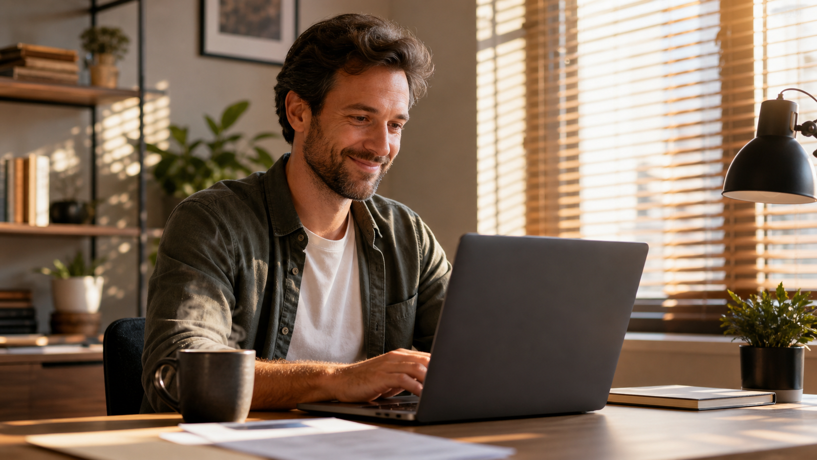 person at a laptop smiling with satisfaction at the screen, modern home office, warm lighting, clean desk
