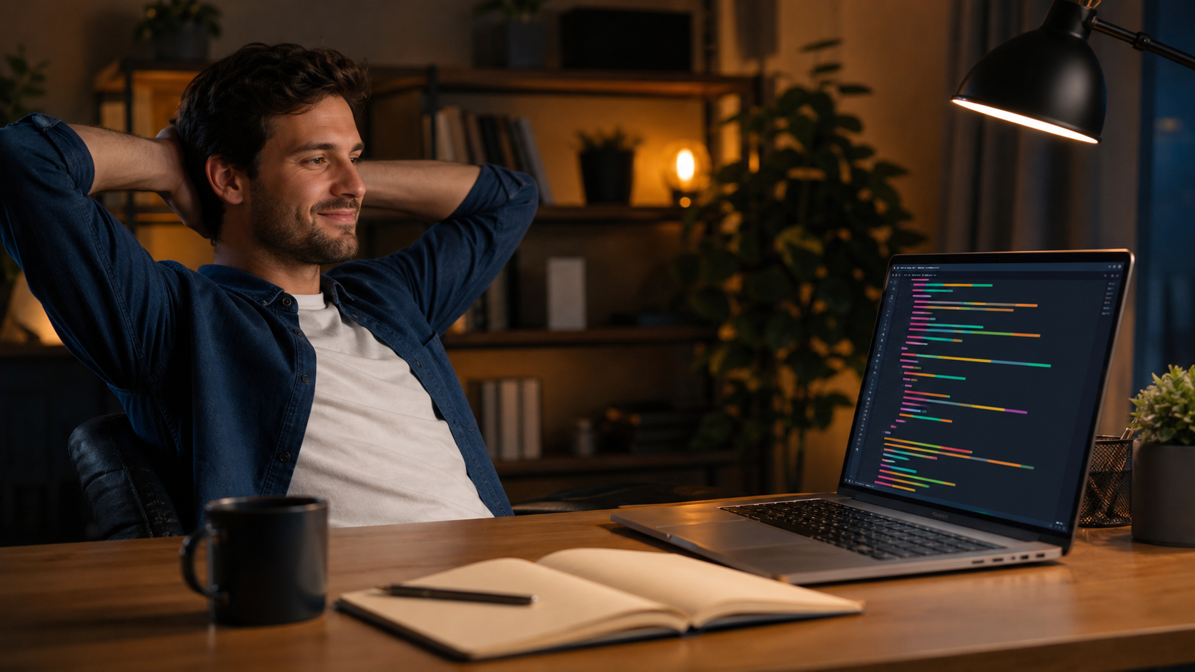 developer reviewing clean code output on a laptop with a satisfied expression, minimal desk setup