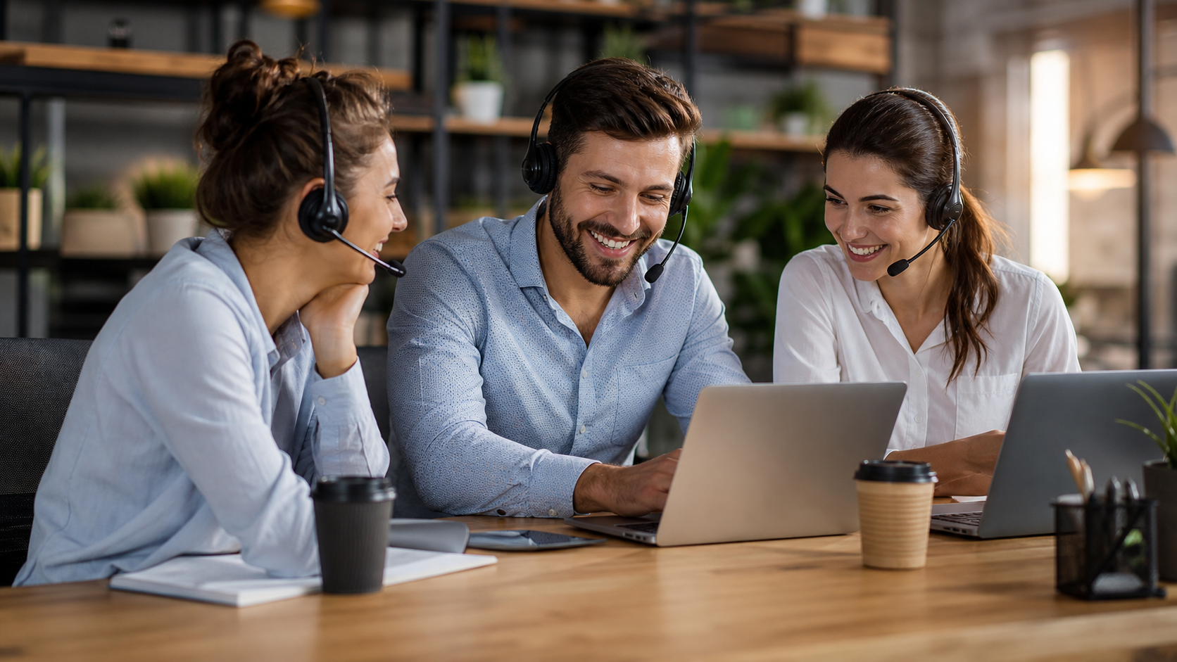 customer service team collaborating at desks in a bright modern office with laptops and coffee