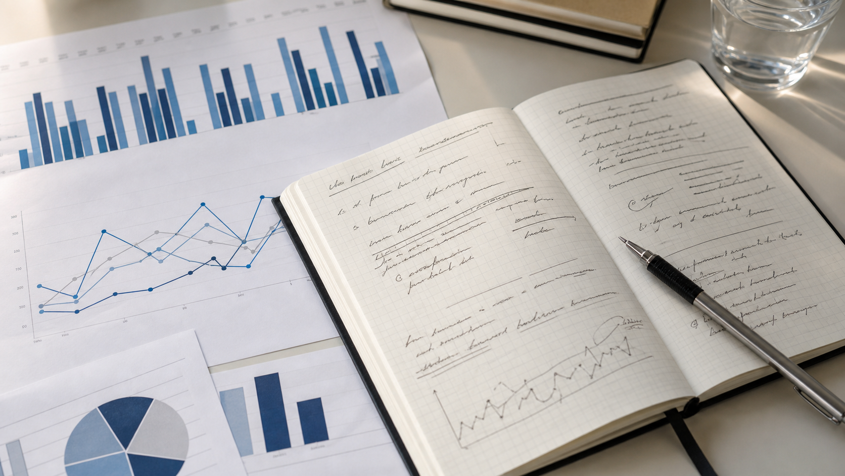 close-up of data charts and handwritten analytical notes on a desk, professional analysis workspace with natural light