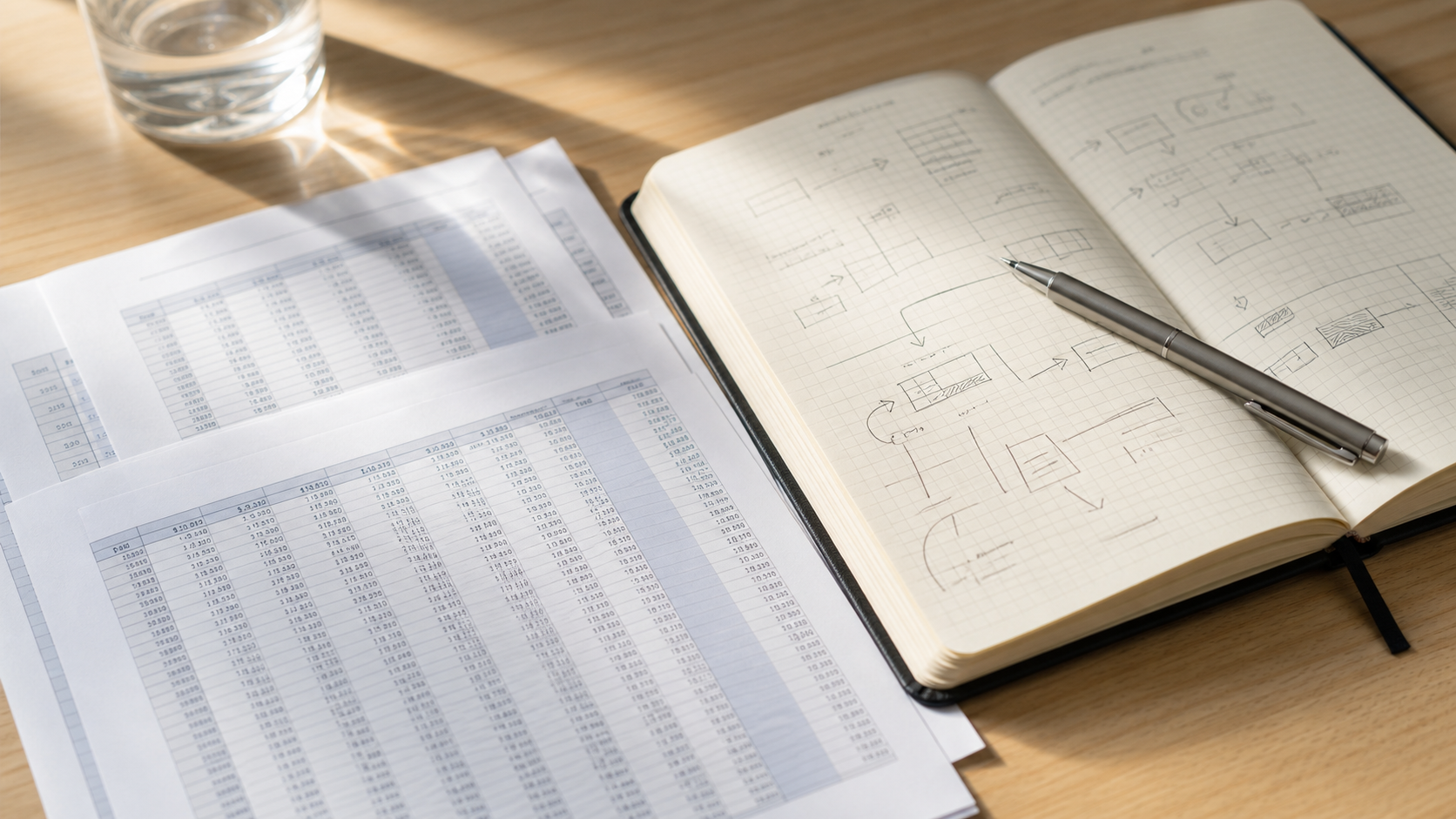 organized desk with printed spreadsheets and handwritten notes, professional productivity workspace, warm light