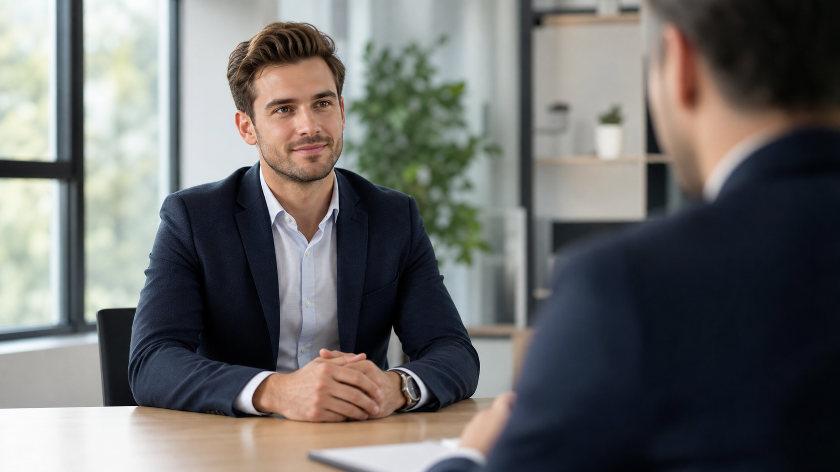 confident professional in a bright modern office, sitting across a desk in a job interview, natural daylight, 4K cinematic