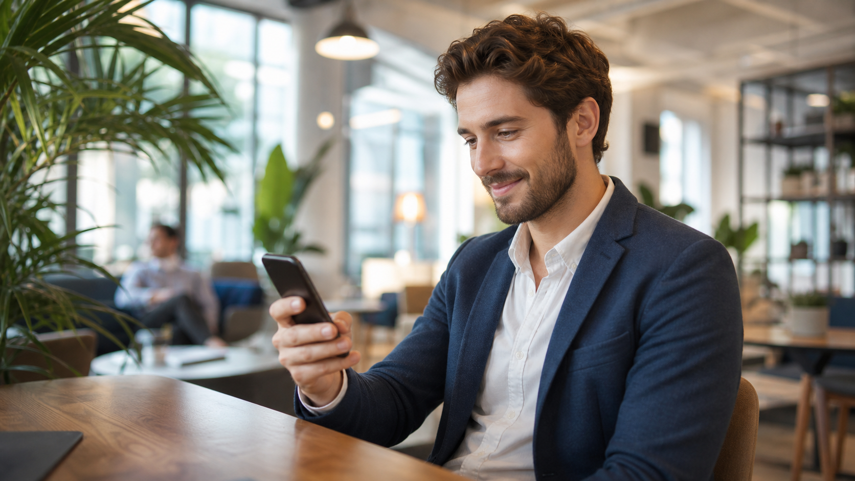 confident professional reviewing LinkedIn on smartphone in a modern workspace with natural light