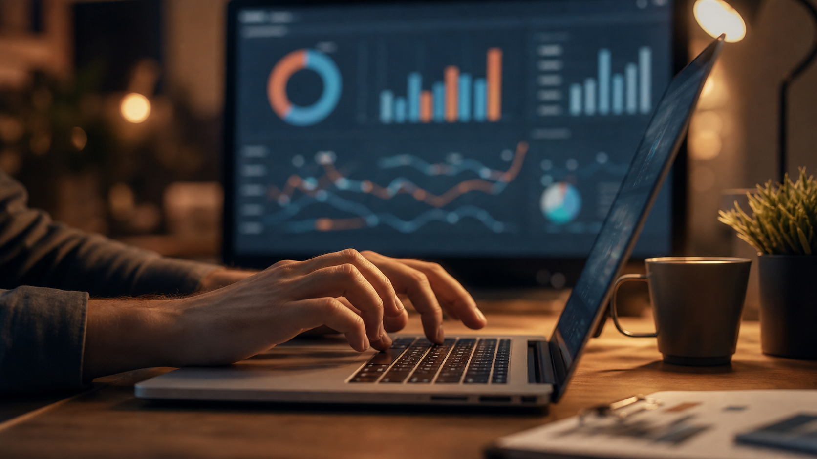 Close-up of hands typing on laptop with marketing analytics dashboard visible on screen