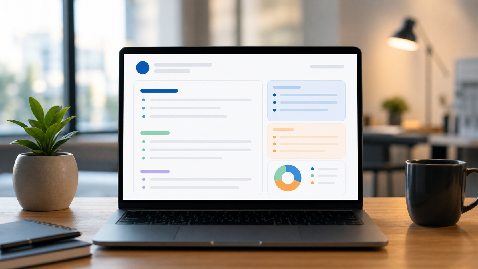 clean meeting summary and action item list on a laptop screen in a bright office setting