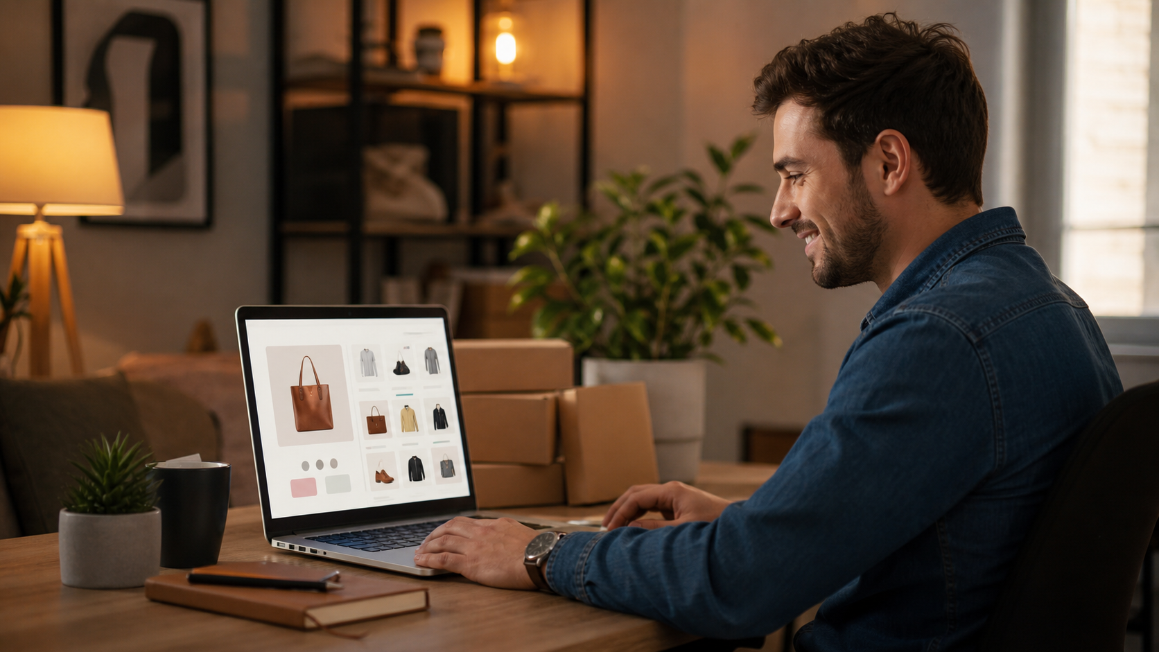 satisfied ecommerce seller reviewing a completed product listing on a laptop at a clean home office desk