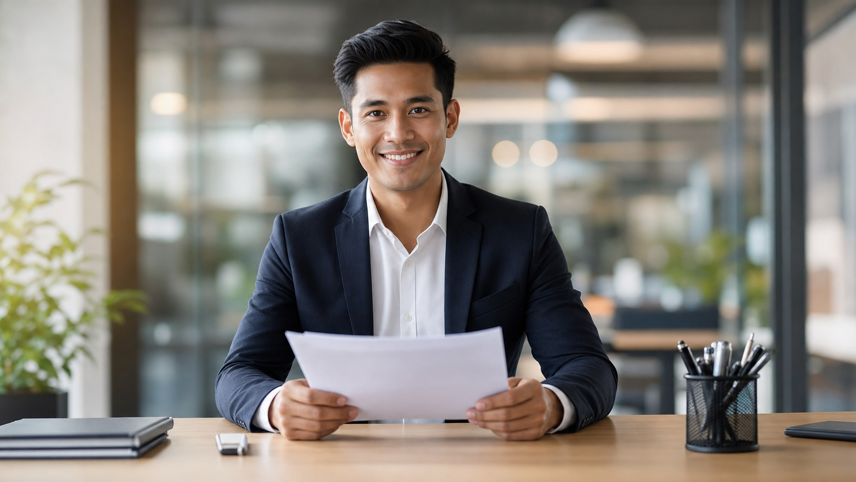 confident professional at desk reviewing final resume documents before submitting job application