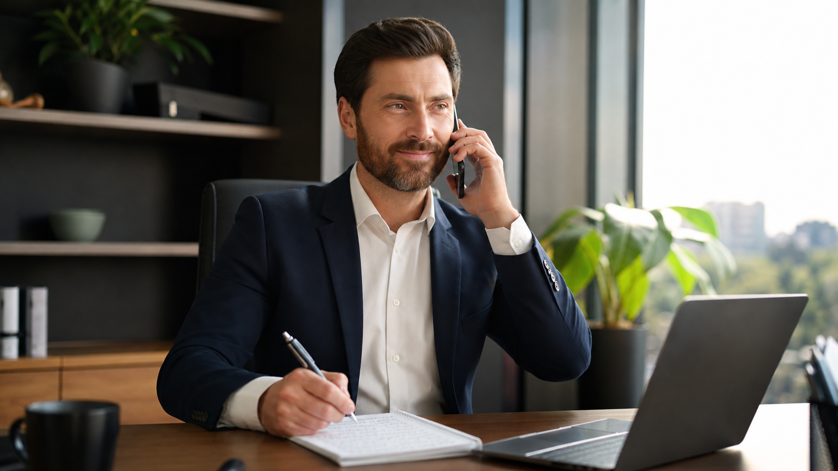 sales professional closing a deal confidently, professional business environment, natural light