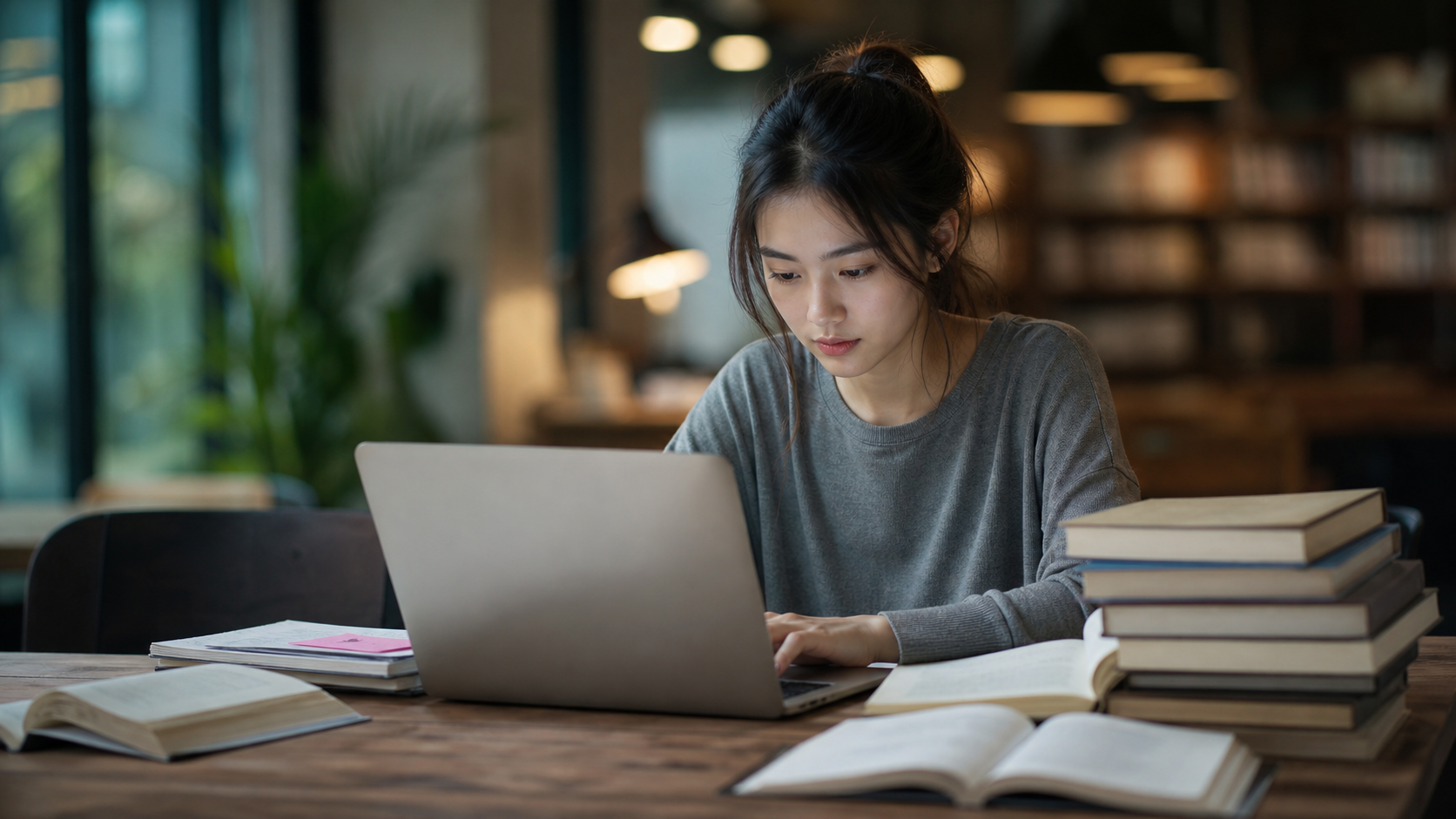 student focused on studying in a quiet library or cafe with notes and laptop