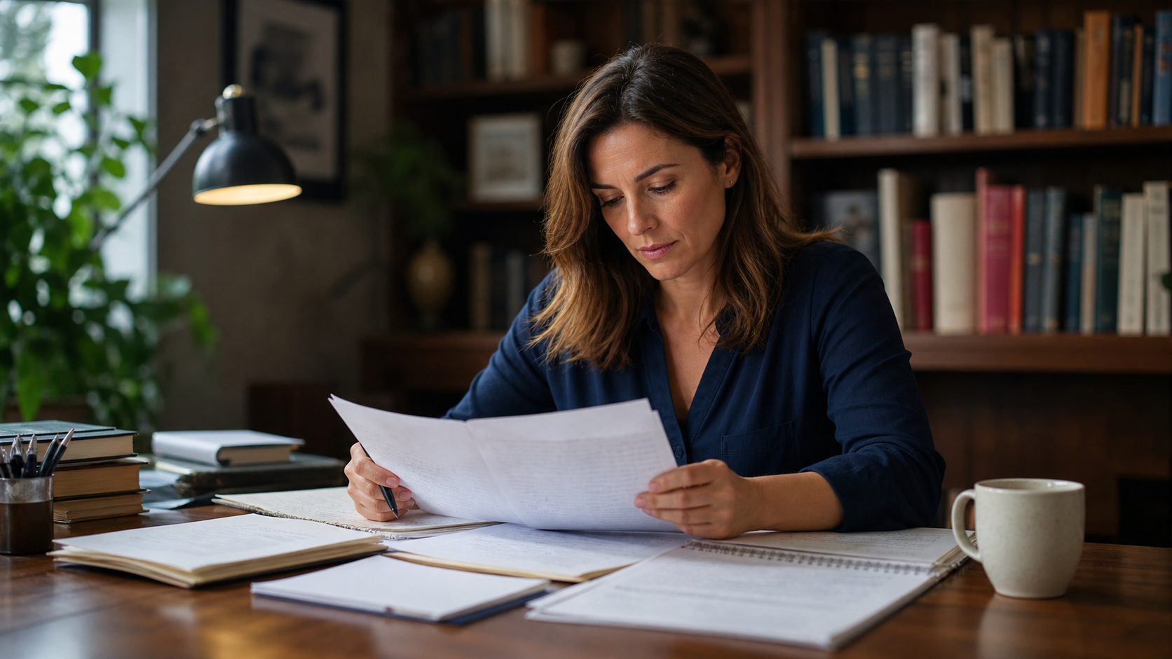 teacher reviewing student papers and notes at a quiet desk, professional and focused atmosphere, soft lighting
