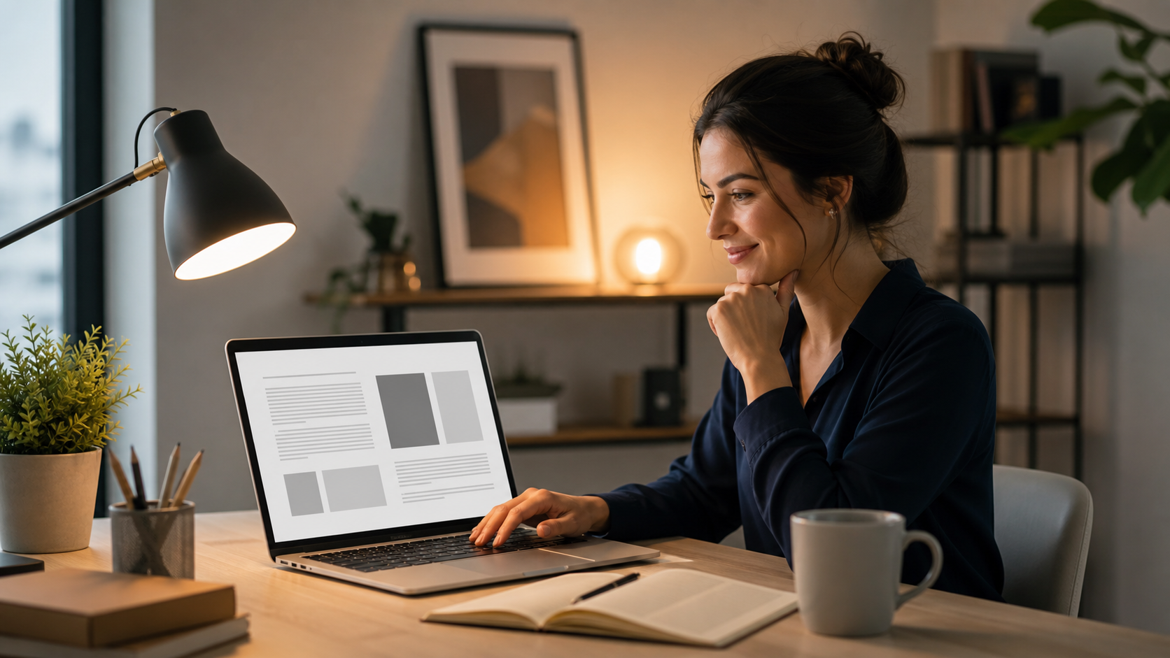 professional reviewing polished AI-generated work documents on a laptop at a clean modern desk