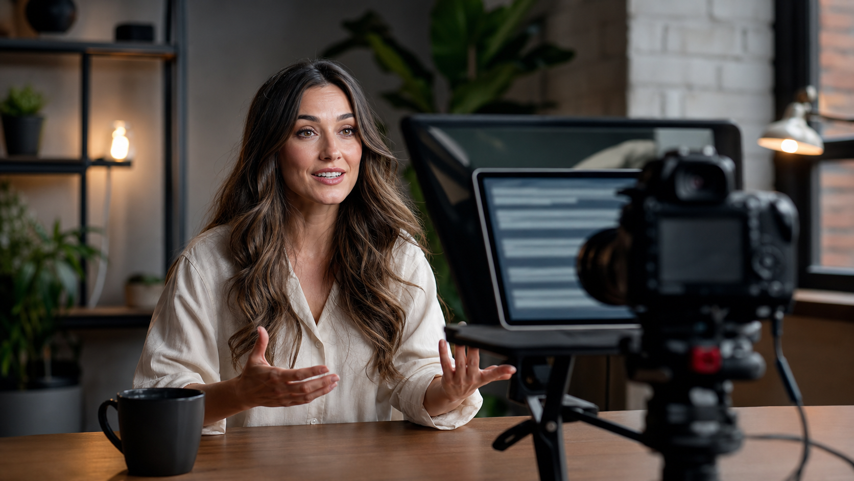 YouTuber recording confidently in front of a camera with a teleprompter script visible beside the lens