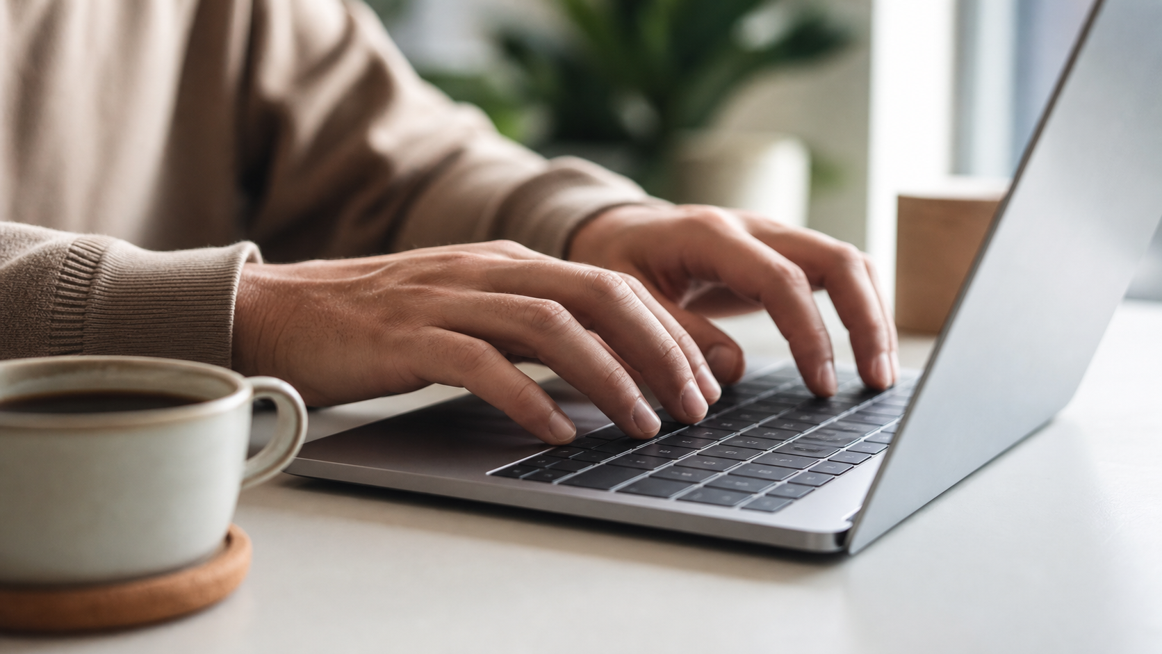 hands typing on a laptop keyboard comparing AI writing tools