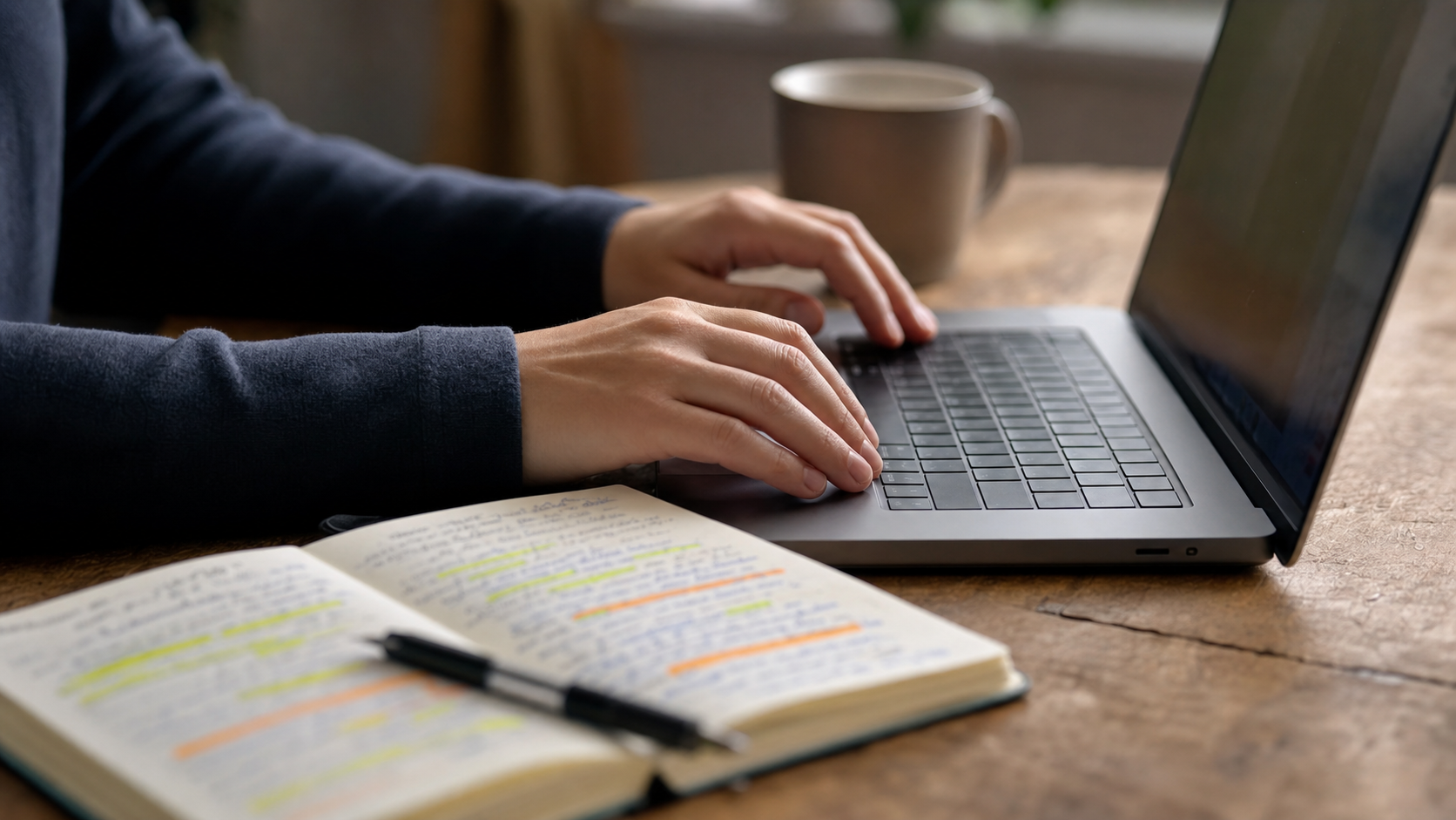 professional reviewing research synthesis on a laptop, organized knowledge and insights visible