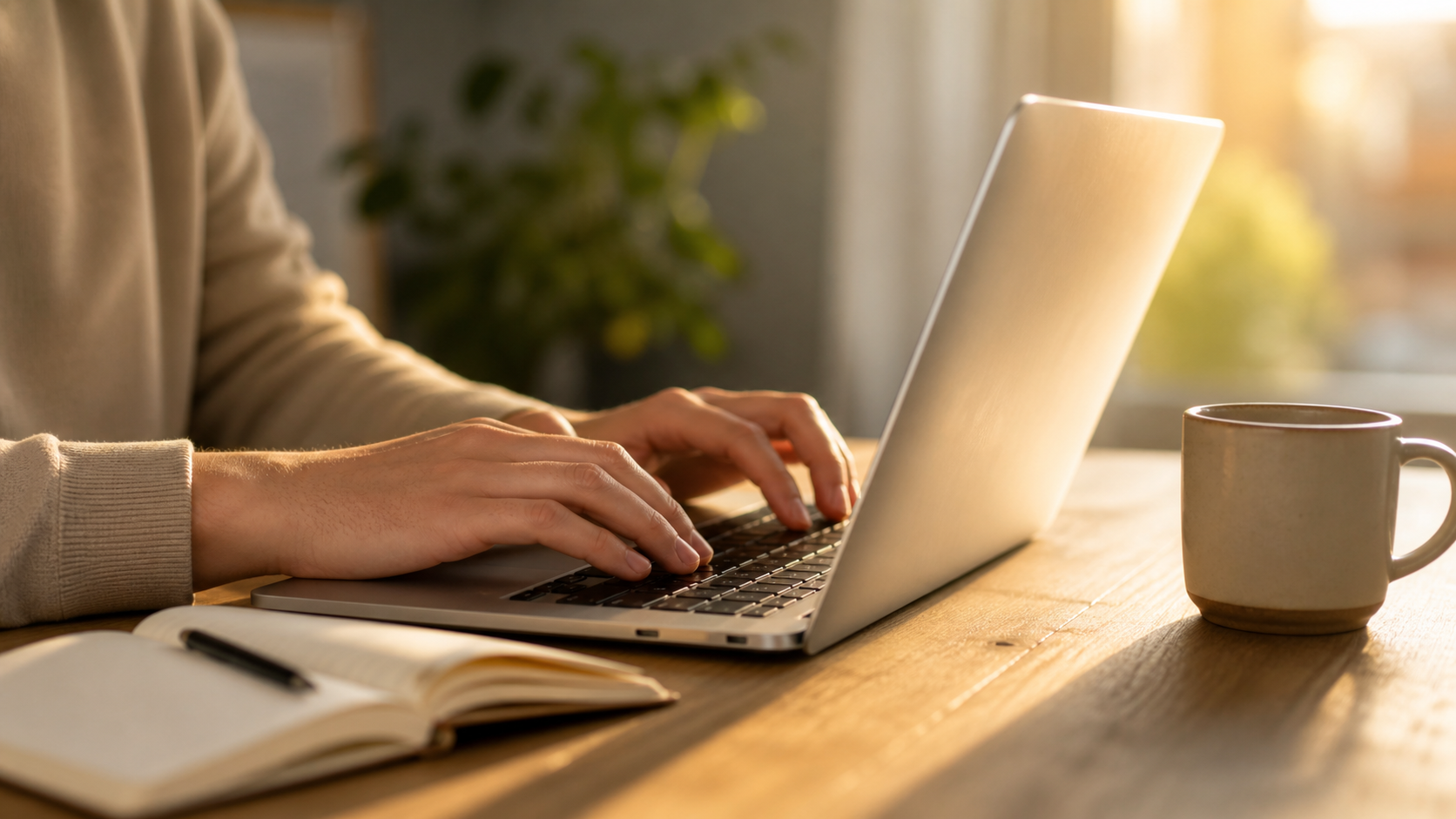 Close-up of hands typing on a laptop keyboard in warm natural light, focused and productive