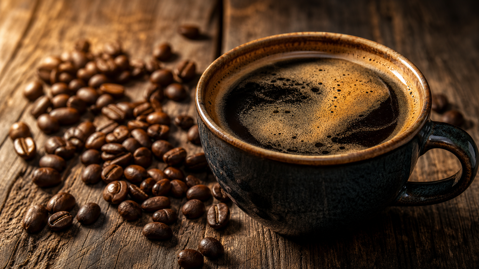 a finished cup of black filter coffee on a wooden table in warm light, photorealistic 4K