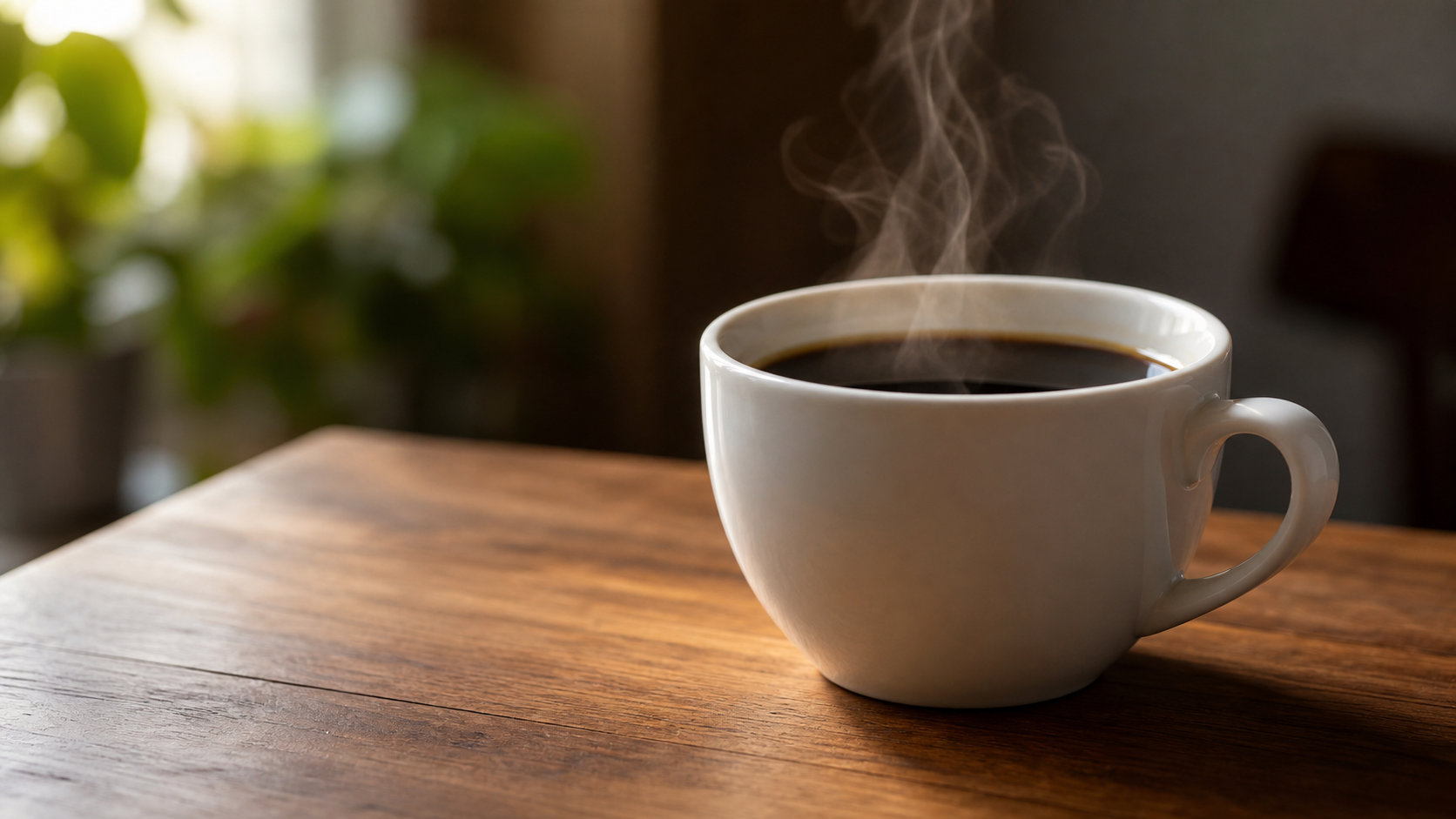 a cup of black coffee on a clean wooden table, steam rising, photorealistic 4K