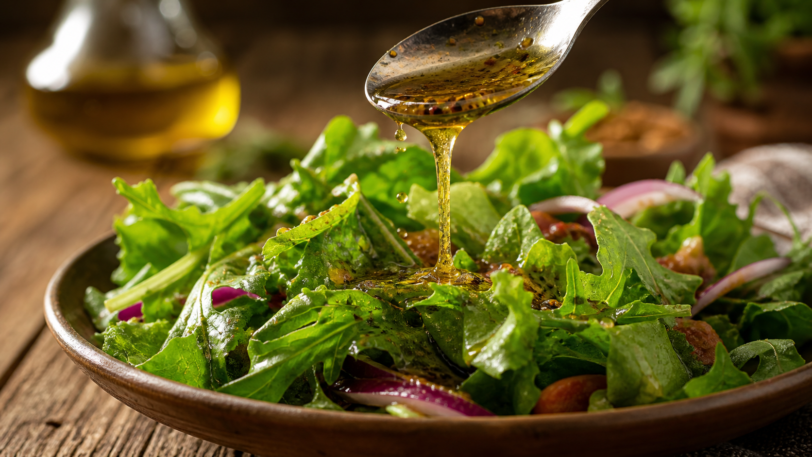 a fresh green salad lightly dressed with vinaigrette in a bowl on a wooden table in warm light, photorealistic 4K