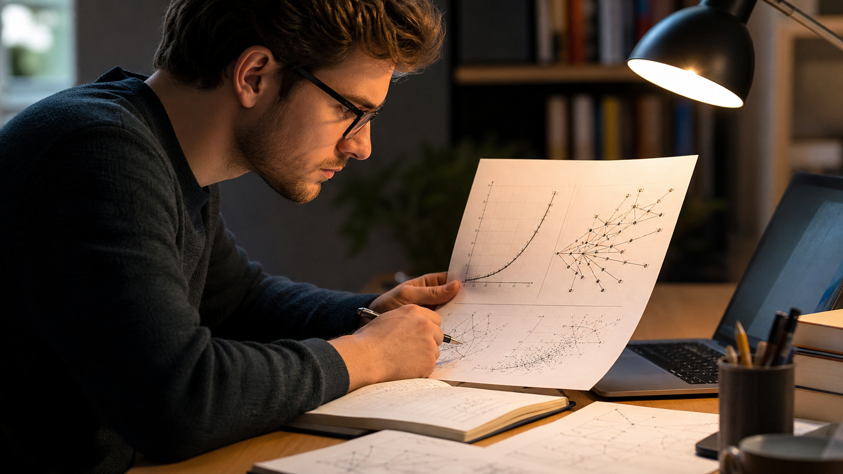 person studying mathematical growth curves and data charts on a laptop, focused concentration, soft studio lighting, 4K cinematic