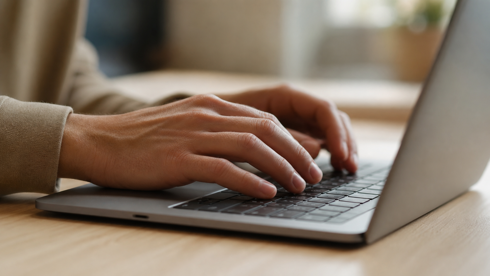 close-up of hands typing on a slim laptop keyboard, shallow depth of field, cinematic lighting