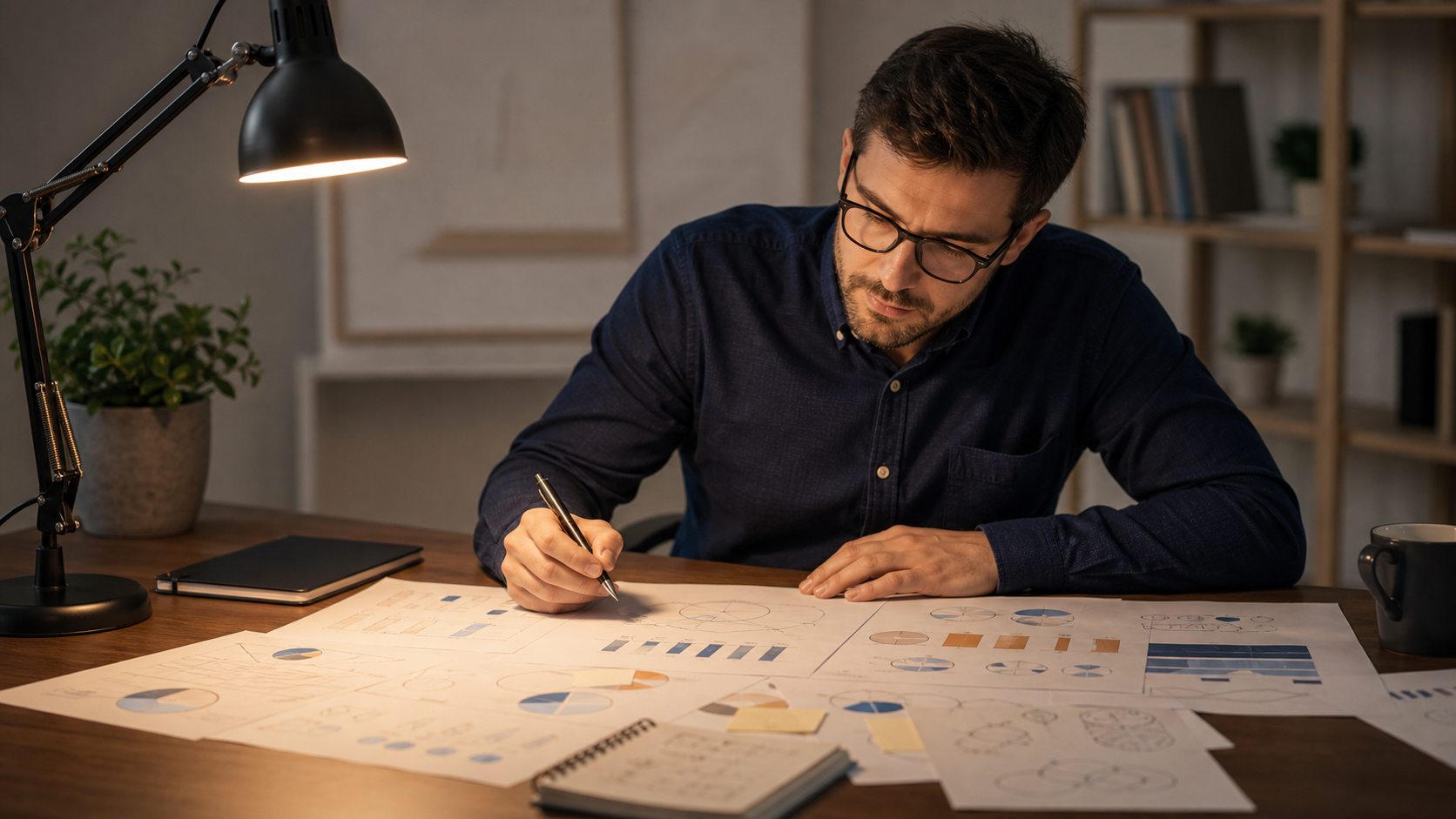 professional reviewing data printouts and notebook at a clean desk, analytical focus, warm light, 4K cinematic