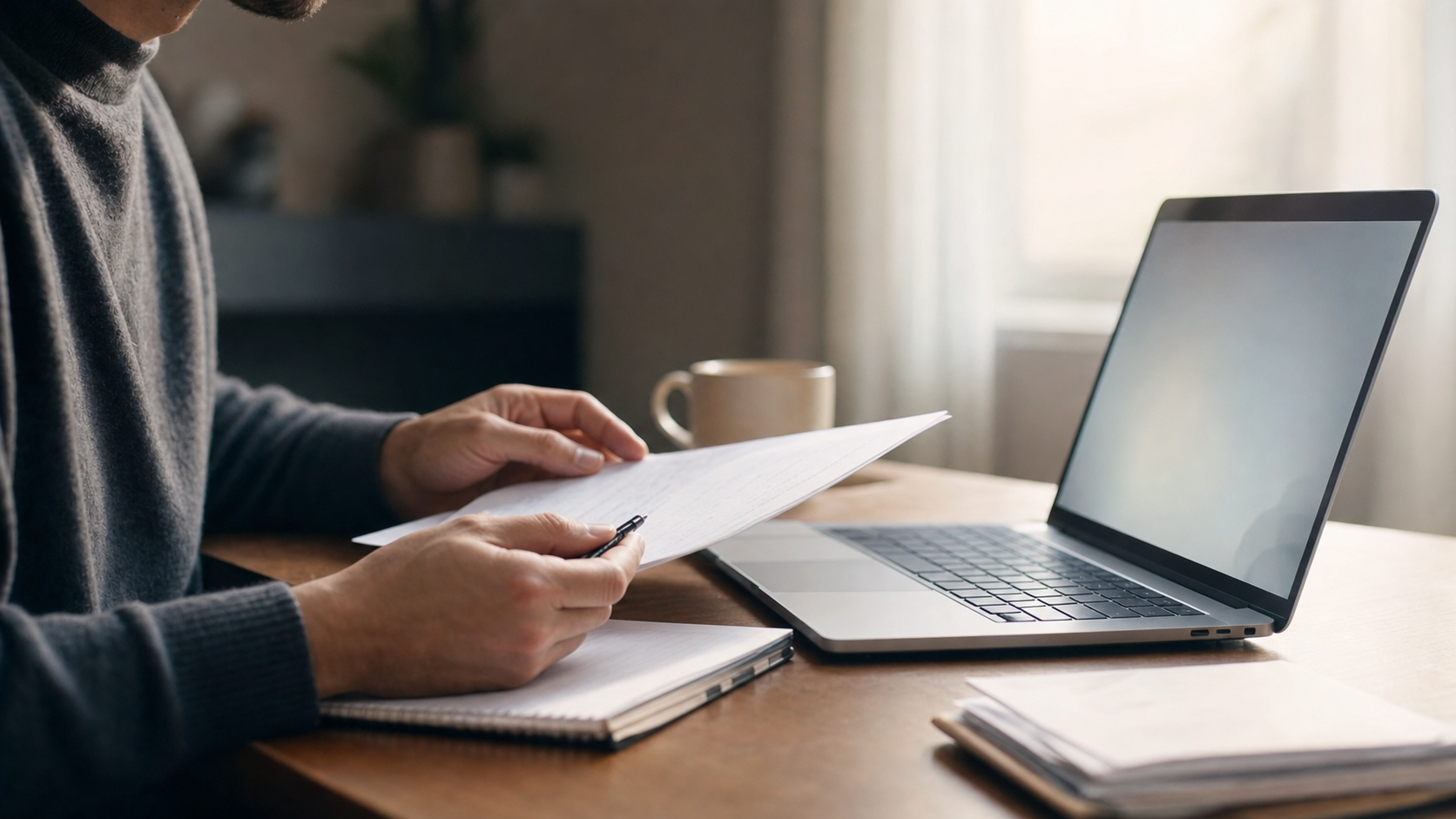 person reviewing notes and laptop screen with AI tool output, calm productive workspace, natural light, shallow depth of field, cinematic