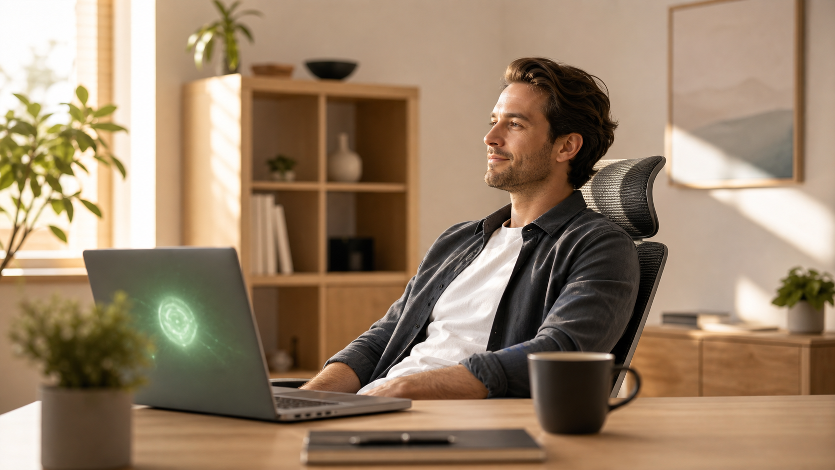 professional reviewing a completed AI automation workflow on a laptop, calm satisfied expression, modern clean workspace, natural light