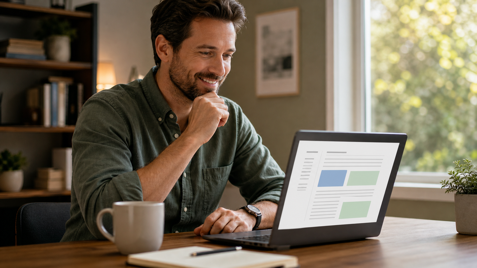 confident professional reviewing a well-structured AI response on a laptop screen in a modern workspace