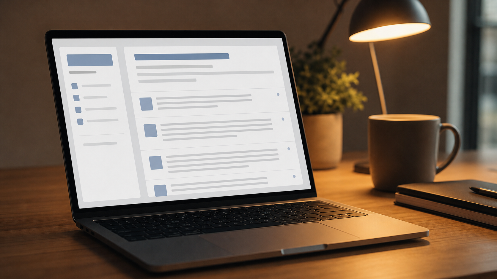 clean laptop screen displaying a structured Q&A document on a minimal desk with warm light