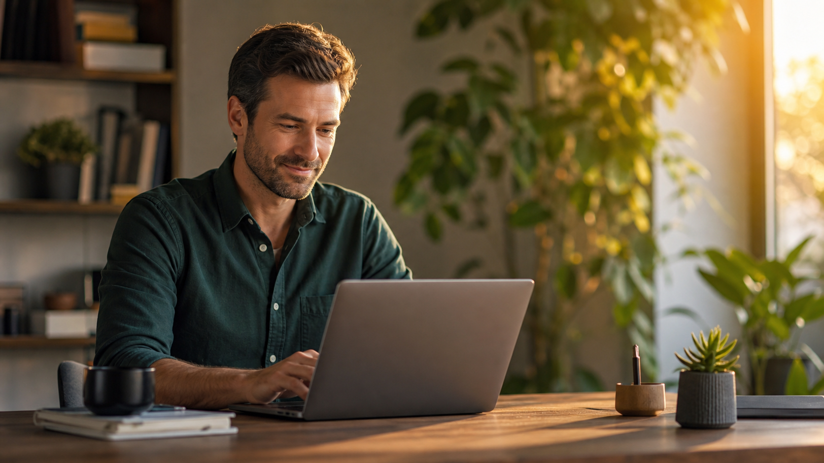 Person at a desk looking satisfied while reviewing a document on a laptop, warm light, productive atmosphere