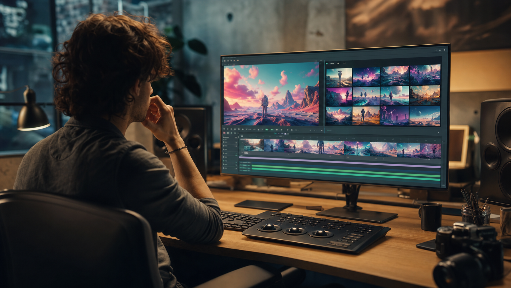 person reviewing AI-generated video clips on a monitor in a creative studio workspace, modern content production environment